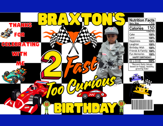 2 Fast Too Curious Birthday Chip Bag Template – Editable Party Favor Download